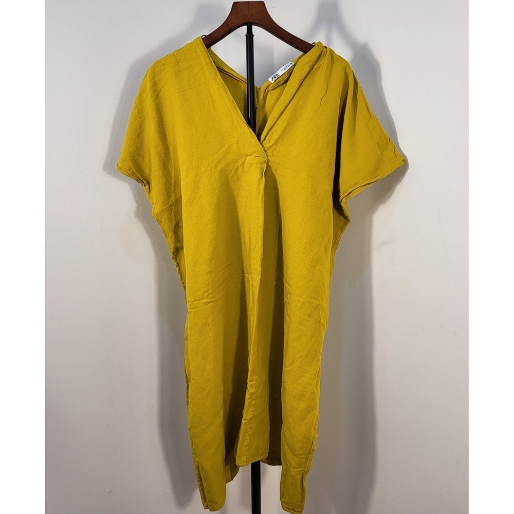 Zara Womens S Mustard Yellow V-Neck Dolman Sleeve Oversized Shift Midi Dress